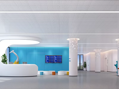 Modern Lobby Interior With Blue Wall Digital Screen White Reception Desk And Pillars 3d model