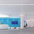 Modern Lobby Interior With Blue Wall Digital Screen White Reception Desk And Pillars