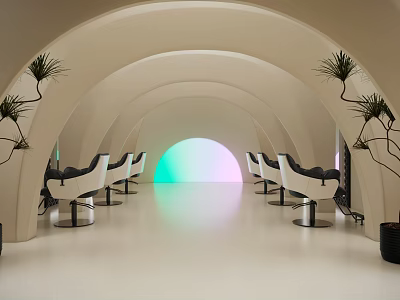 Modern Beauty Hair Salon Interior With Curved Arches White Chairs Green Plants And Colorful Lighting 3d model