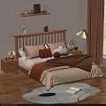 Double Bed With Wooden Headboard Beige Sheets Brown Blanket Plush Toys Nightstands And Table Lamps