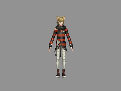 Game Movie Character With Cat Ears In Red Black Striped Coat And White Pants 3d model
