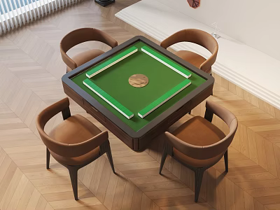 Entertainment Table With Green Surface And Four Brown Chairs On Wooden Floor 3d model