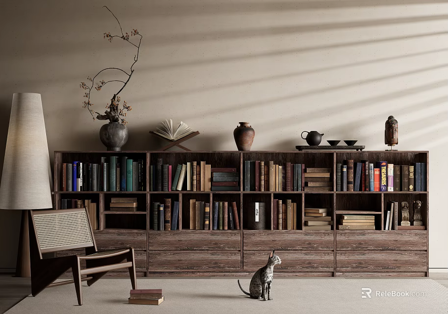 Wooden Bookcase Filled With Books Vase Teapot In Cozy Interior With Chair And Cat 3d model 