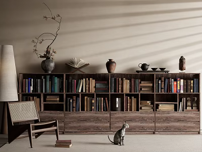 Wooden Bookcase Filled With Books Vase Teapot In Cozy Interior With Chair And Cat 3d model