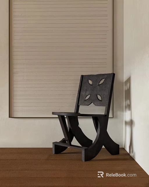 Dark Wooden Leisure Chair With Cut Out Back Design Against Light Colored Wall 3d model 