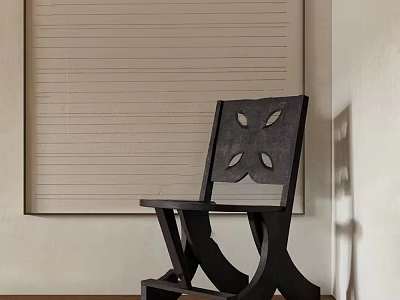 Dark Wooden Leisure Chair With Cut Out Back Design Against Light Colored Wall 3d model