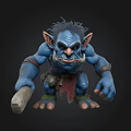 Blue Muscular Mythical Creature 3D Model With Large Ears Fangs And Stone Club