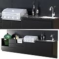 Modern Kitchen Cooking Appliances With Green Grill Sink And Wooden Black Countertop Cabinets