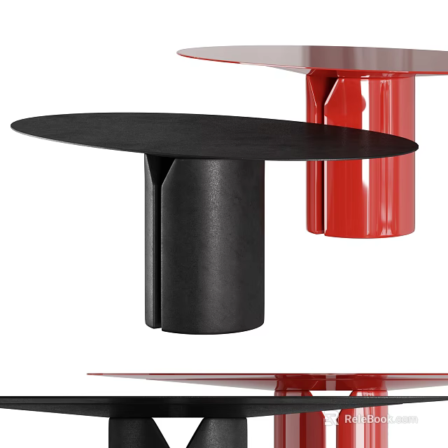 Modern Dining Table with Black Round Tabletop and Black Cylindrical Legs and Red Accent Elements 3d model