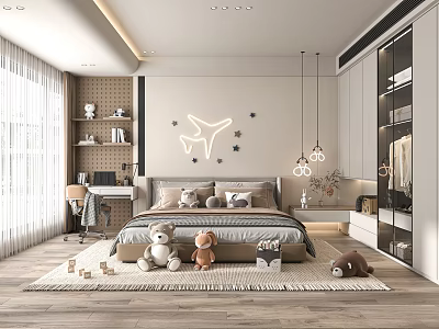 Kids Room Interior With Bed Stuffed Teddy Bears Rug Bookshelf Desk Airplane Star Wall Decor 3d model
