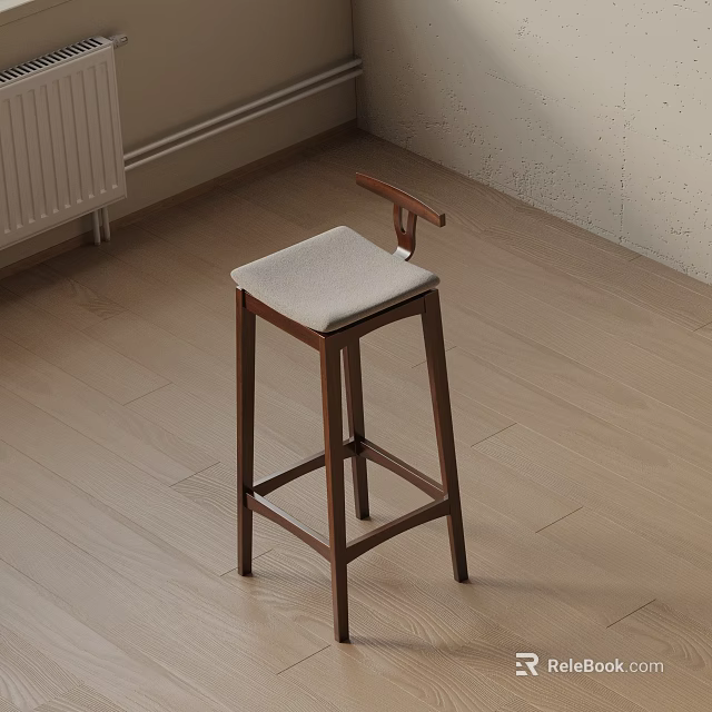 Minimalist Design Wooden Bar Stool With Light Gray Padded Seat And Tall Legs 3d model 
