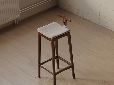 Minimalist Design Wooden Bar Stool With Light Gray Padded Seat And Tall Legs 3d model