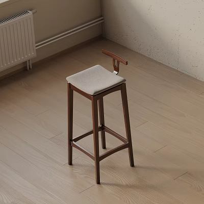 Minimalist Design Wooden Bar Stool With Light Gray Padded Seat And Tall Legs 3d model