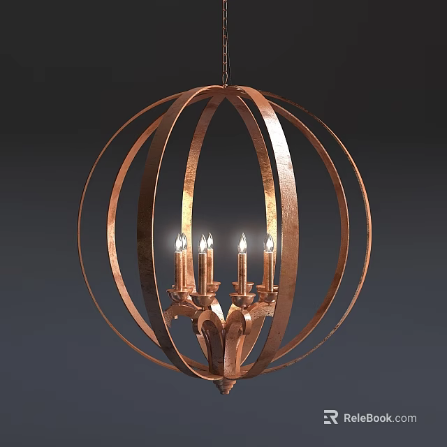 Copper Spherical Frame Chandelier with Metal Strips and Candle Shaped Lights 3d model 