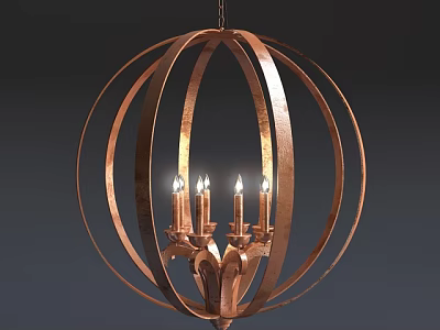 Copper Spherical Frame Chandelier with Metal Strips and Candle Shaped Lights 3d model