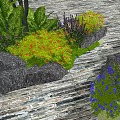 Lush Vibrant Garden With Pink Purple Flowers Green Leaves And Stone Path