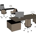 Modern Sleek Office Desk Design With Beige Chairs Computer And Table Lamp 3d model