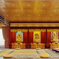 Buddhist Religious Temple Interior With Golden Ceiling Red Walls And Buddha Statues