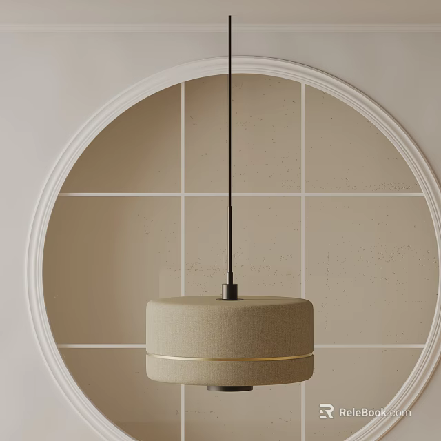 Elegant Modern Chandelier In Interior With Round White Frame Beige Lampshade And Light Toned Wall 3d model 