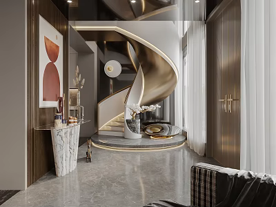 Modern Luxury Foyer Hallway With Spiral Staircase Marble Flooring And Wooden Cabinets 3d model