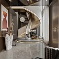 Modern Luxury Foyer Hallway With Spiral Staircase Marble Flooring And Wooden Cabinets