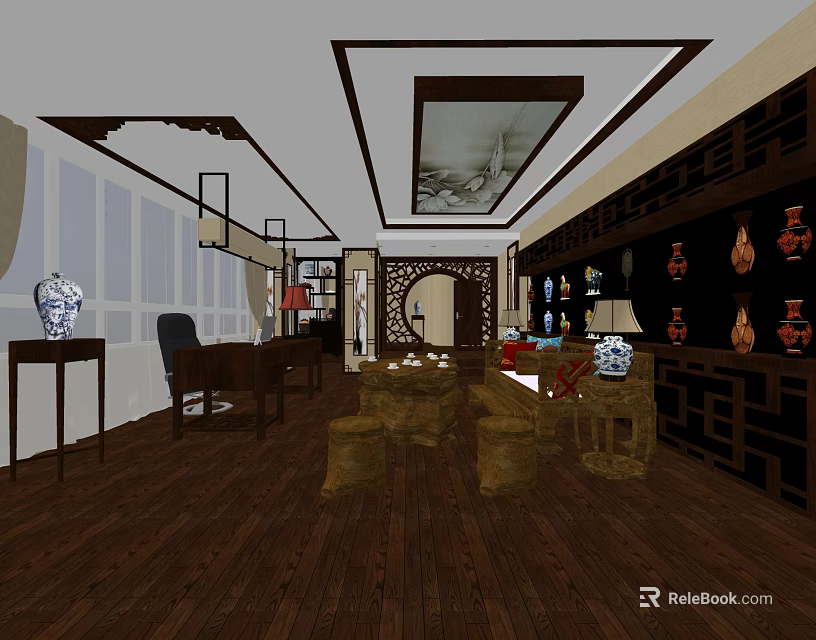 Traditional Chinese Office Interior With Wooden Furniture Antique Vases Carved Screen Desk And Bookshelves 3d model 