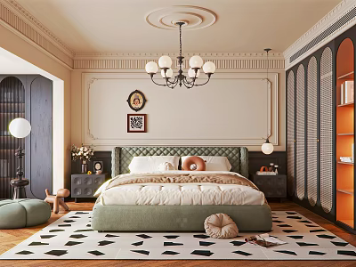 Elegant Bedroom Interior Design With Green Upholstered Bed Chandelier And Black White Rug 3d model