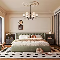 Elegant Bedroom Interior Design With Green Upholstered Bed Chandelier And Black White Rug