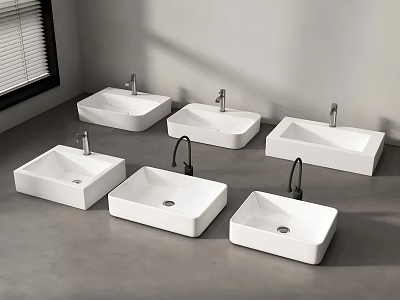 Modern Bathroom Sinks Collection With White Ceramic Basins And Black Faucets 3d model