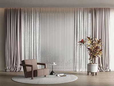 Single Sofa In Living Room With Light Curtains Round Rug And Wooden Floor 3d model