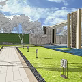 Modern Entrance Gate With Decorative Columns Stone Pathway Greenery And Modern Building