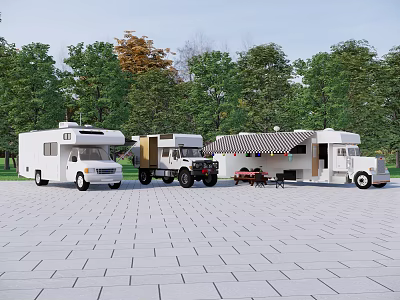 Multiple White RVs Parked With Green Trees And Camping Canopy Setup 3d model