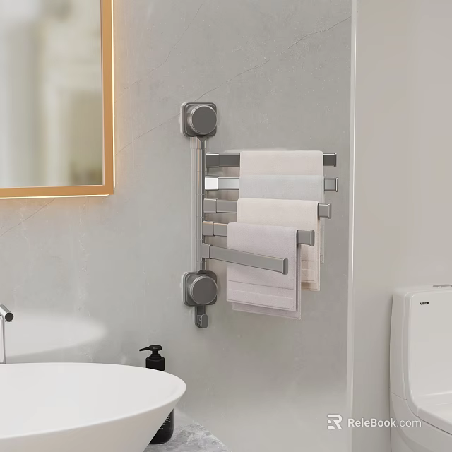 Soft Hanging Towels On Modern Chrome Towel Rack In Bathroom Interior 3d model 