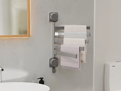 Soft Hanging Towels On Modern Chrome Towel Rack In Bathroom Interior 3d model