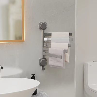 Soft Hanging Towels On Modern Chrome Towel Rack In Bathroom Interior 3d model
