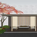 Traditional Japanese Outdoor Pavilion With Wooden Structure Red Maple Tree Stone Ground And Rest Benches