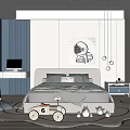 Modern Kids Room Interior Design With Bed Desk Astronaut Wall Art And Toy Car