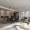 Modern Office Interior With Desk Ergonomic Chair Sofa Green Plants Large Windows And Pendant Light