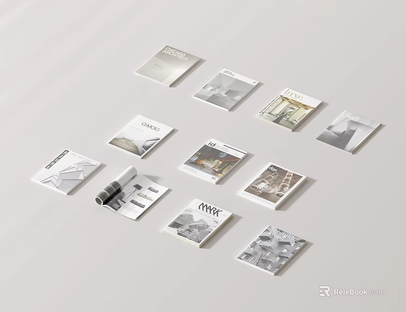 Various Books and Magazines with Different Black White Minimalist Covers on Light Background 3d model 