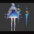 Game Movie Character In Blue White Outfit Long Hair Holding Yellow Orb And Blue Weapons