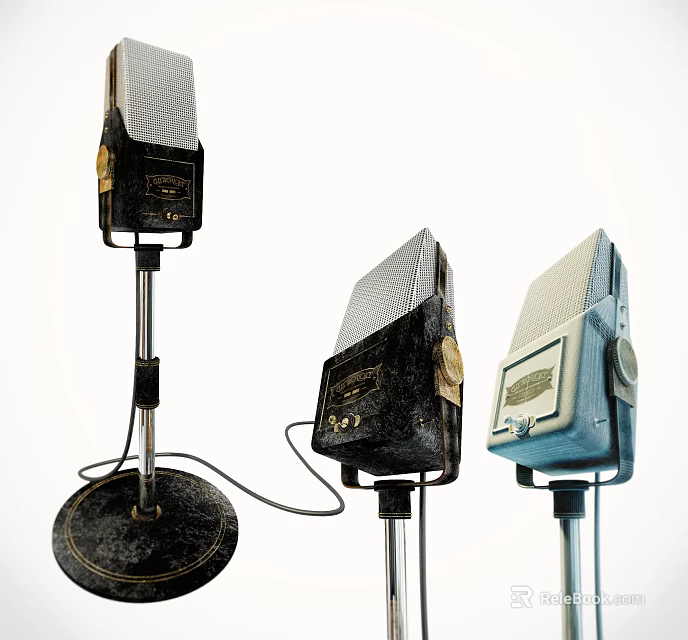 Classic Vintage Microphones With Stands Cables And Musical Instrument Design 3d model 
