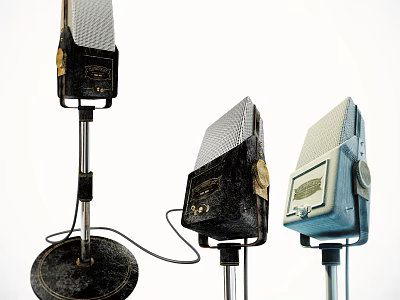 Classic Vintage Microphones With Stands Cables And Musical Instrument Design 3d model