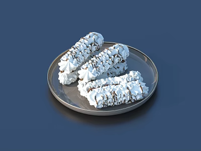 Tasty Pastry Pieces With White Creamy Topping And Dark Stripes On Silver Plate 3d model