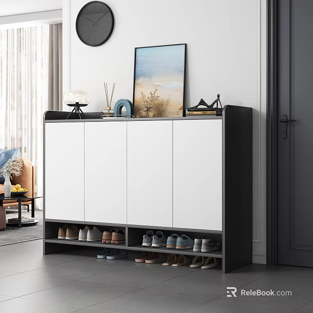 Modern Black and White Shoe Cabinet With Closed Doors Open Compartments And Decorative Top Items 3d model 