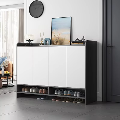 Modern Black and White Shoe Cabinet With Closed Doors Open Compartments And Decorative Top Items 3d model