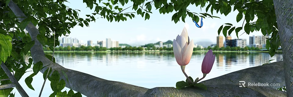 Beautiful Pink White Magnolia Flowers With Fresh Green Leaves By Calm Lake Cityscape Distant Mountains 3d model 
