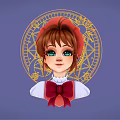 Cartoon Girl With Red Beret Green Eyes And Golden Magic Circle On Blue Fantasy Background