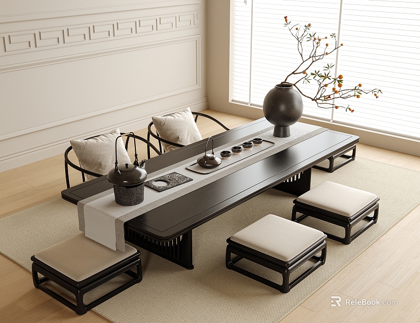 Traditional Chinese Tea Table and Chairs with Padded Stools Vase Branches in Bright Room 3d model 