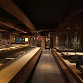Japanese Style Restaurant Interior With Wooden Reception Counter And Red Decorative Tree