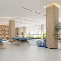 Modern Lounge Area With Chairs Tables Bookshelves And Large Windows